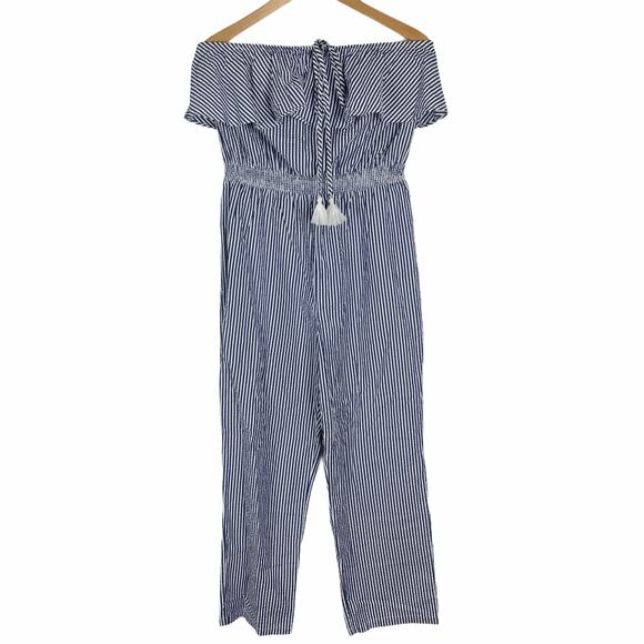 J.CREW Pants - J. Crew White Blue Striped Seersucker Jumpsuit Off Shoulder Ruffled Size Medium